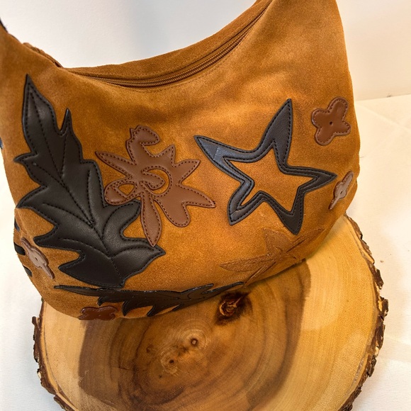 Bisou Bisou Michele Bohbot genuine tan suede small shoulder purse with leaves - Picture 14 of 16